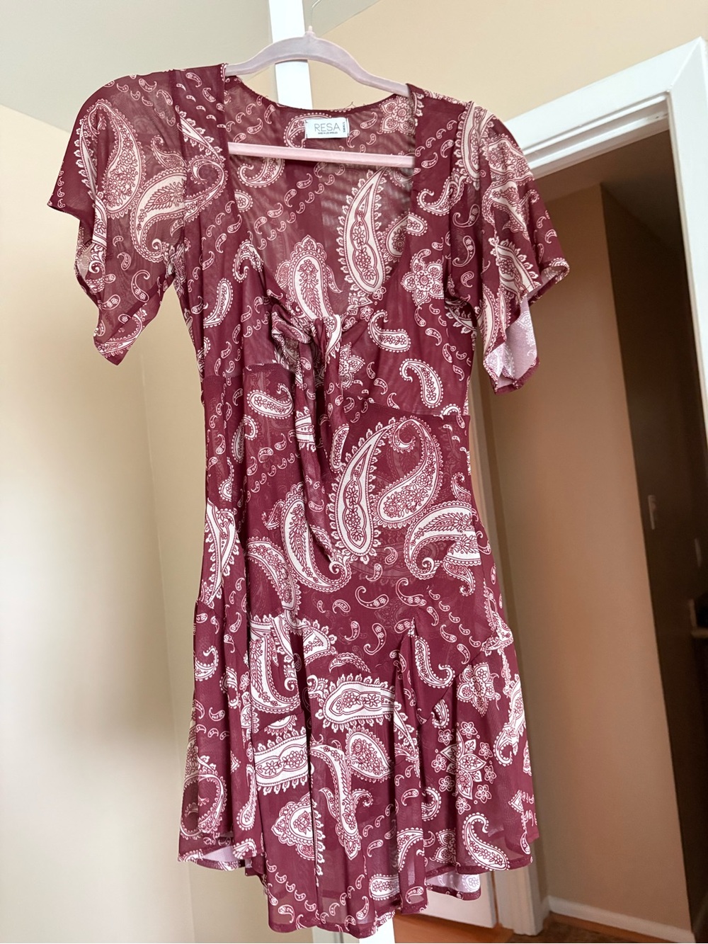 RESA Maroon Paisley Tie-Front Flutter Sleeve Dress